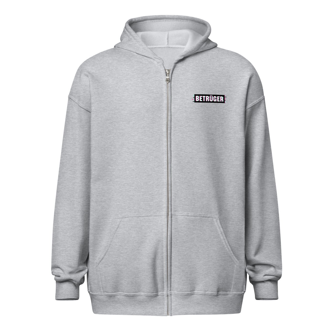 Betrüger anarcho late night heavy blend zip hoodie in Sport Grey, front view.