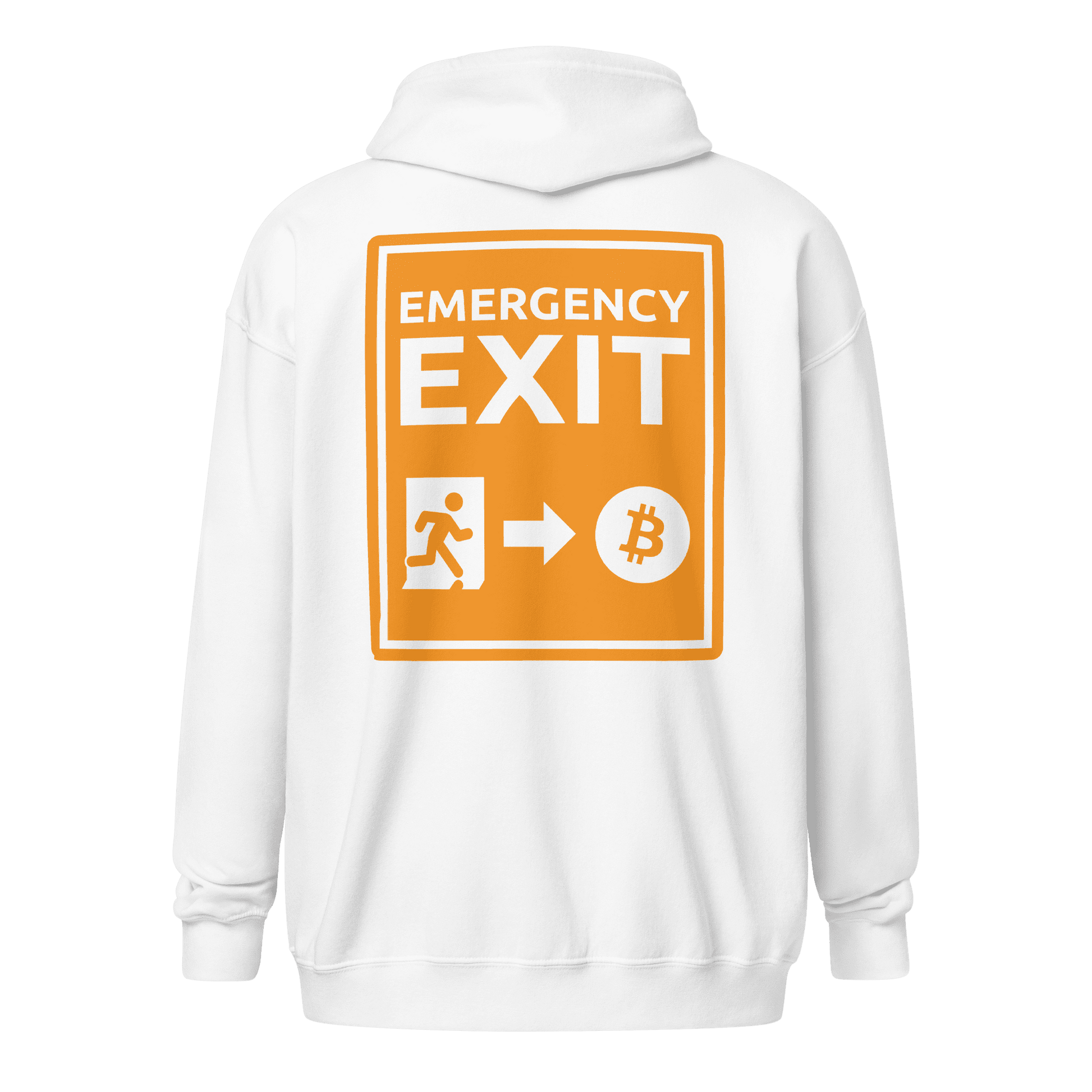 Back view of a white bitcoin zip hoodie.