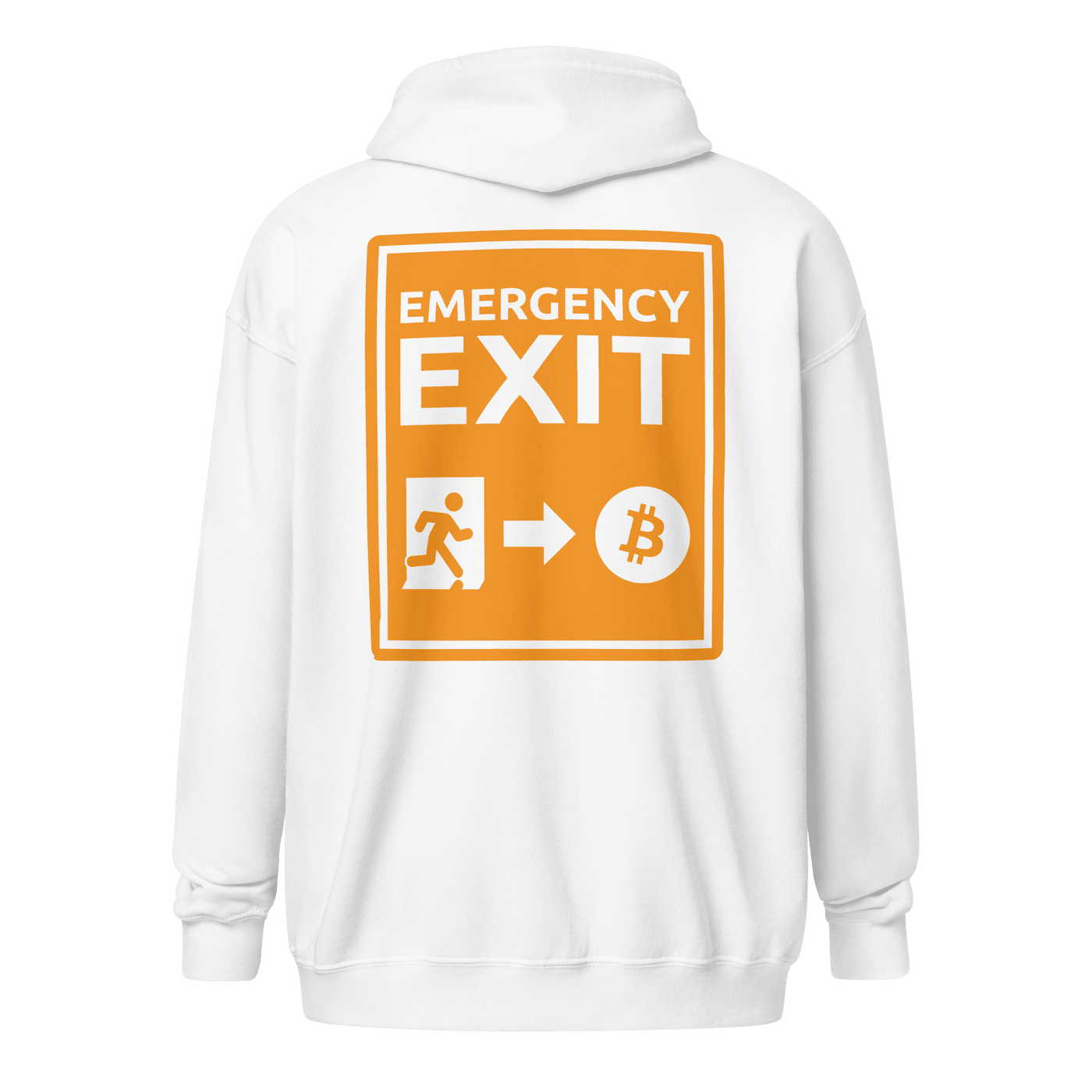 Emergency Exit heavy blend Bitcoin zip hoodie symbolizing a fairer future