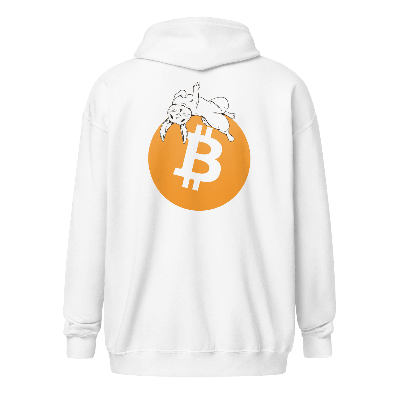 Back view of a white bitcoin zip hoodie.