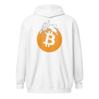 Back view of a white bitcoin zip hoodie.