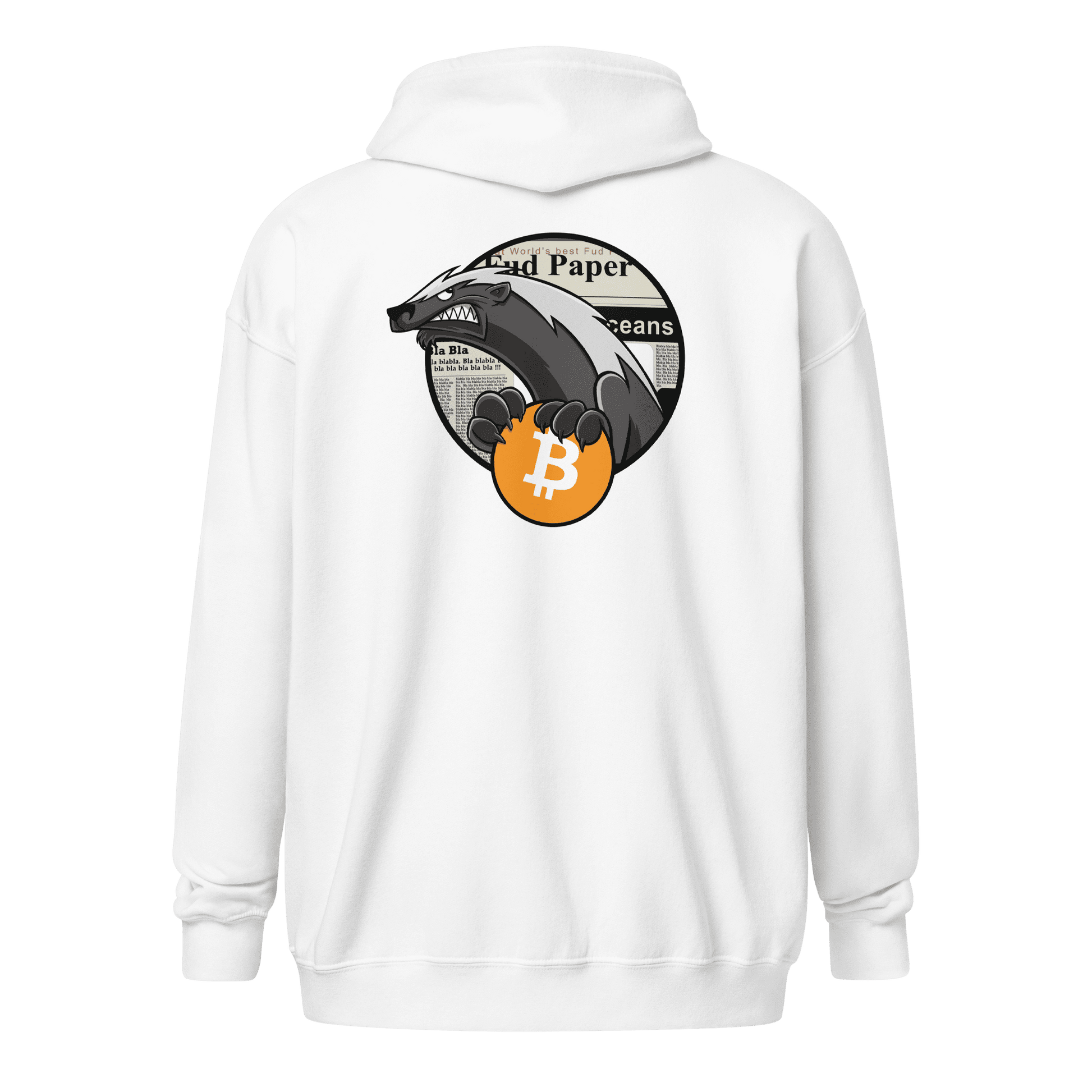 Back view of a white bitcoin zip hoodie.