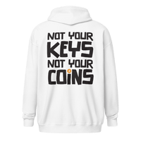 Back view of a white bitcoin zip hoodie.