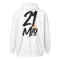 Back view of a white bitcoin zip hoodie.