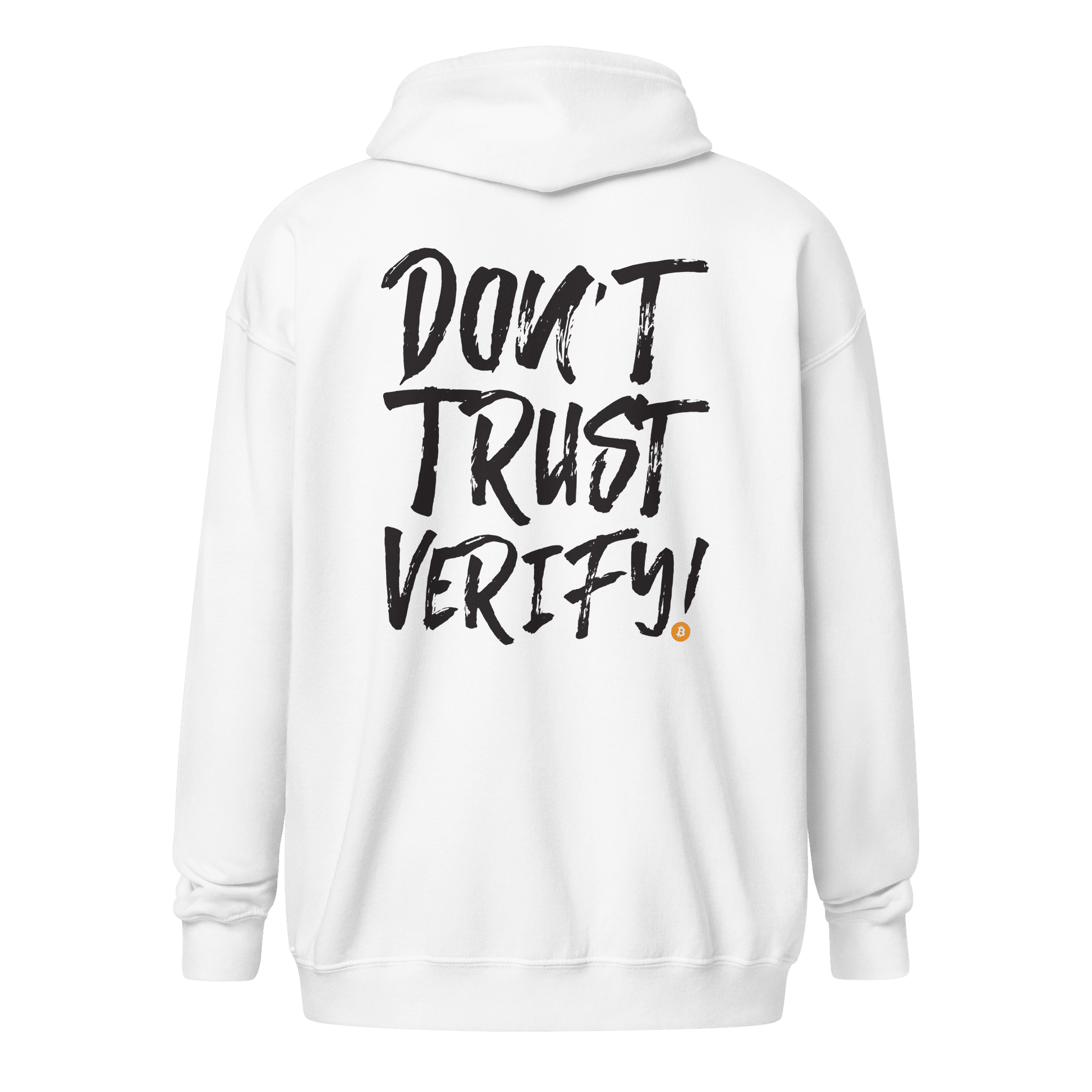 Back view of a white bitcoin zip hoodie.