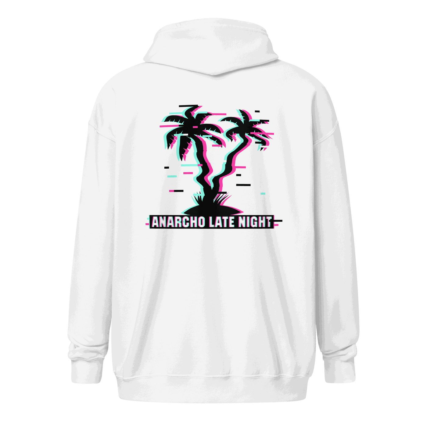 Anarcho Late Night hoodie with matrix glitch design and metal zipper front pockets