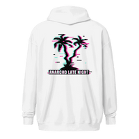 Anarcho Late Night hoodie with matrix glitch design and metal zipper front pockets
