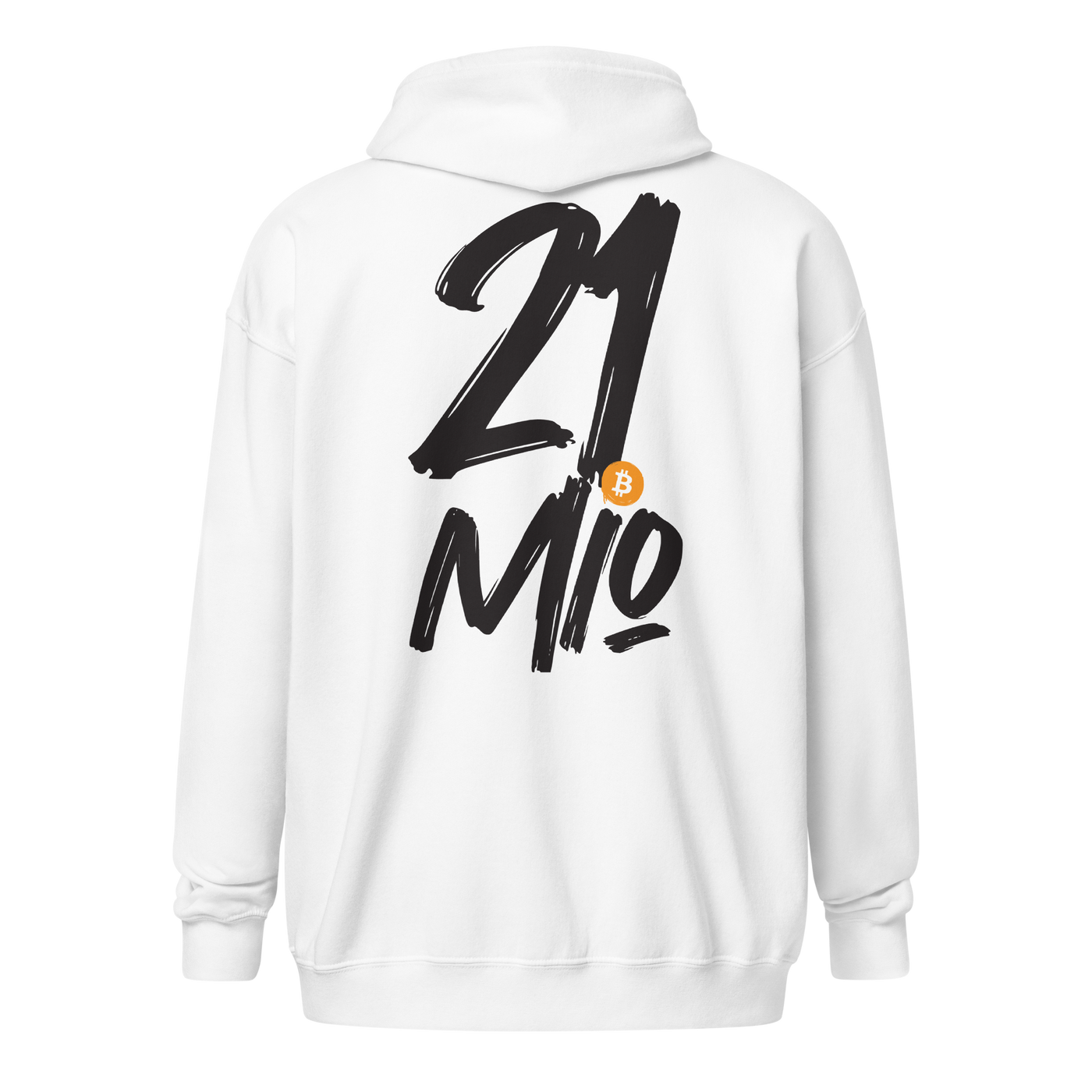 Back view of a white bitcoin zip hoodie.