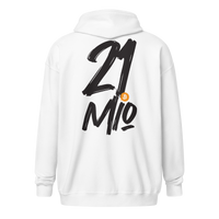 Back view of a white bitcoin zip hoodie.