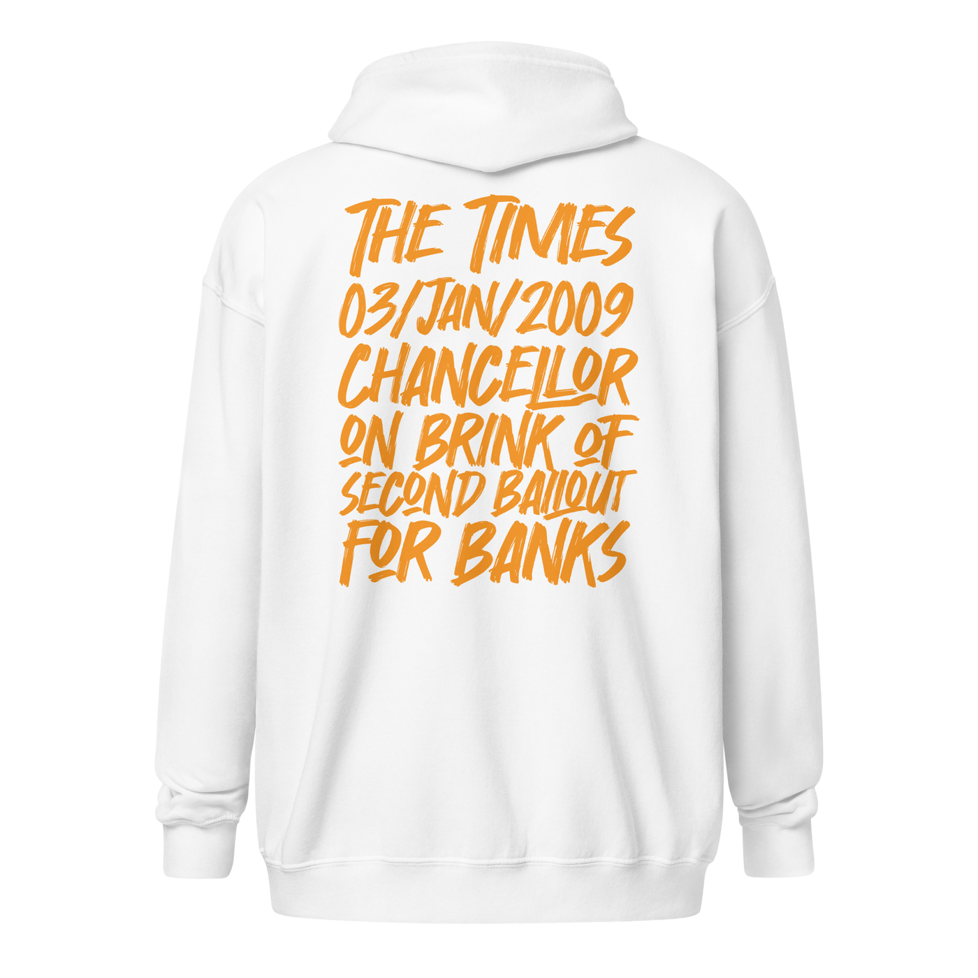 Back view of a white bitcoin zip hoodie.