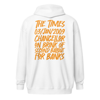 Back view of a white bitcoin zip hoodie.