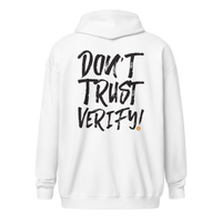 Back view of a white bitcoin zip hoodie.