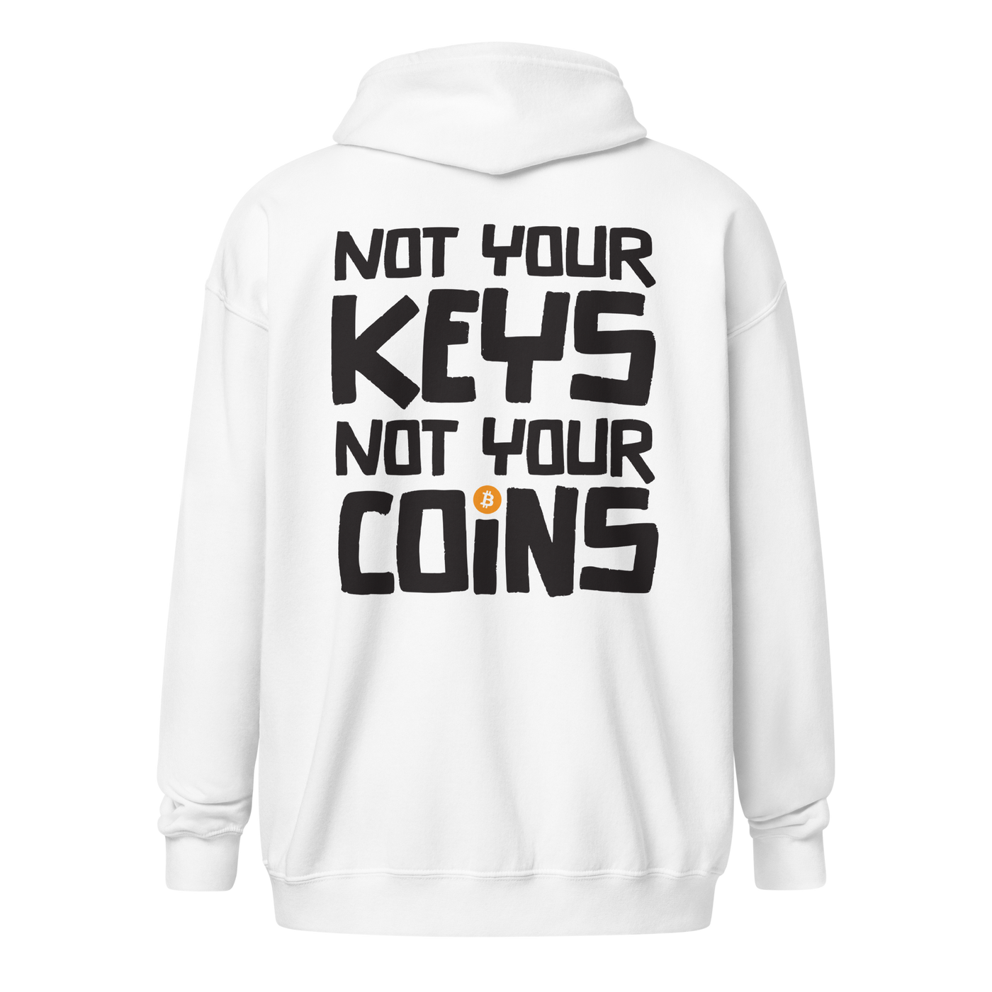 Back view of a white bitcoin zip hoodie.