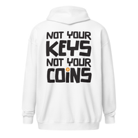 Back view of a white bitcoin zip hoodie.