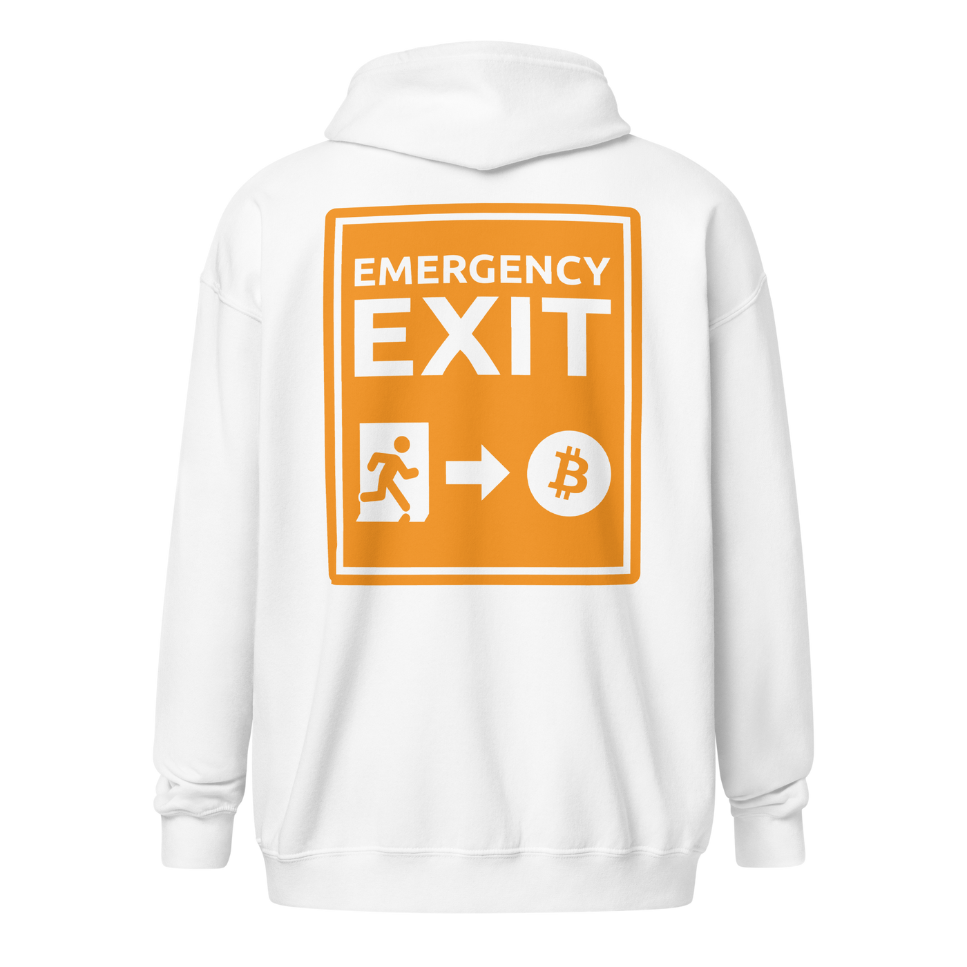 Emergency Exit heavy blend Bitcoin zip hoodie symbolizing a fairer future