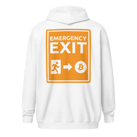 Emergency Exit heavy blend Bitcoin zip hoodie symbolizing a fairer future
