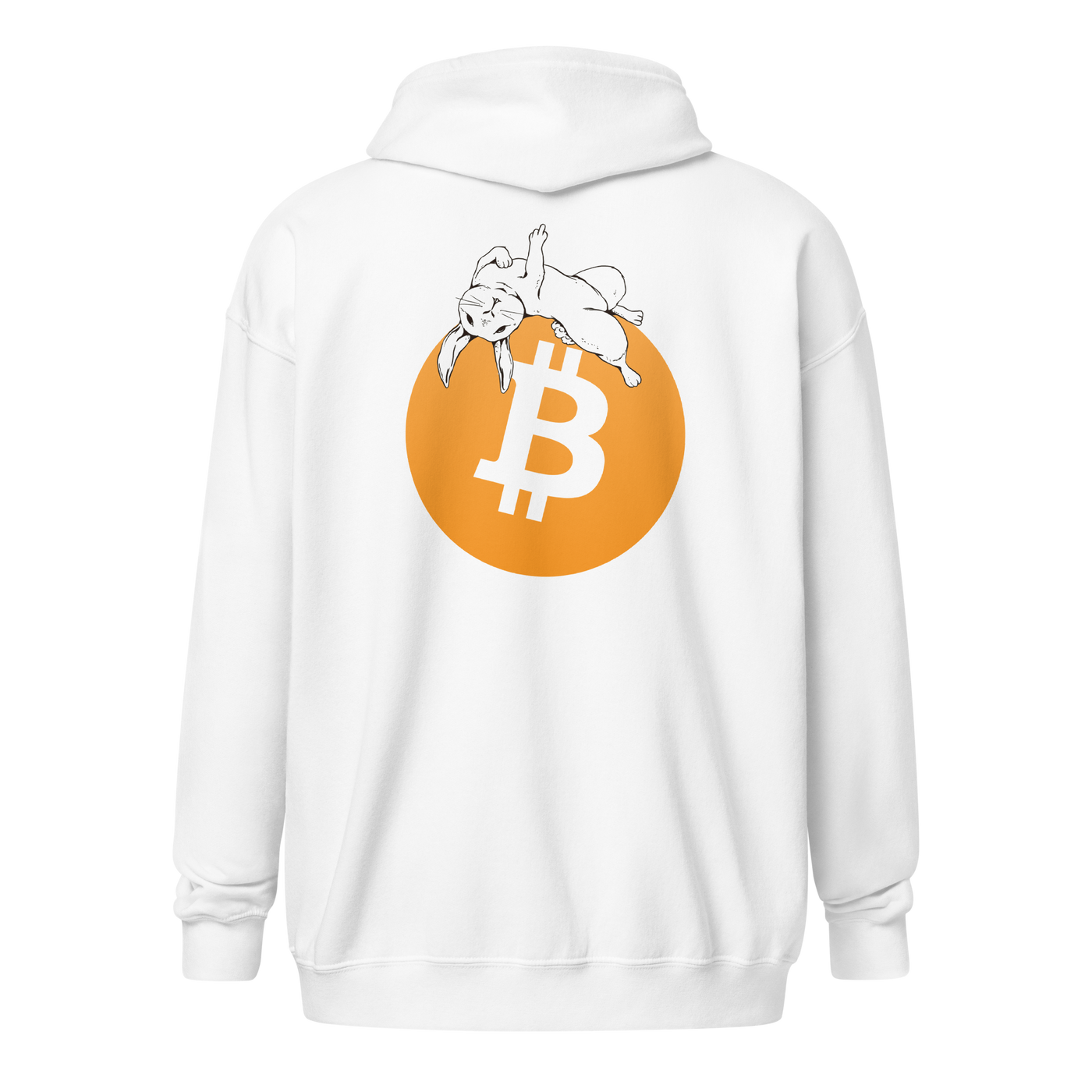 Back view of a white bitcoin zip hoodie.