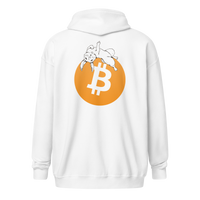 Back view of a white bitcoin zip hoodie.