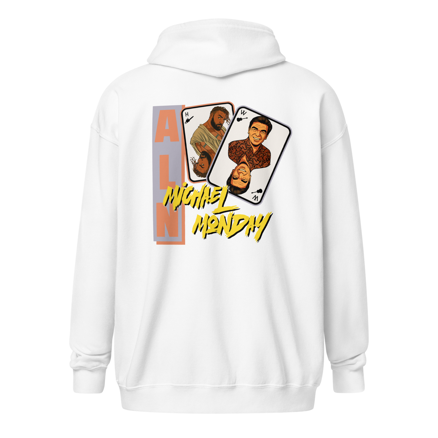 Michael Monday anarcho late night heavy blend zip hoodie in White, back view.