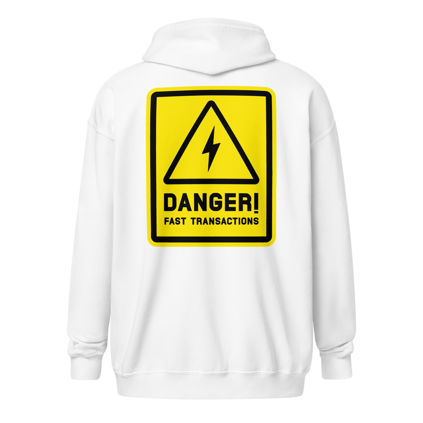 Danger! Fast Transactions heavy blend lightning zip hoodie in White, back view.