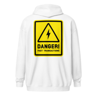 Danger! Fast Transactions heavy blend lightning zip hoodie in White, back view.