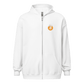 Front view of a white bitcoin zip hoodie.