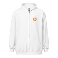 Front view of a white bitcoin zip hoodie.