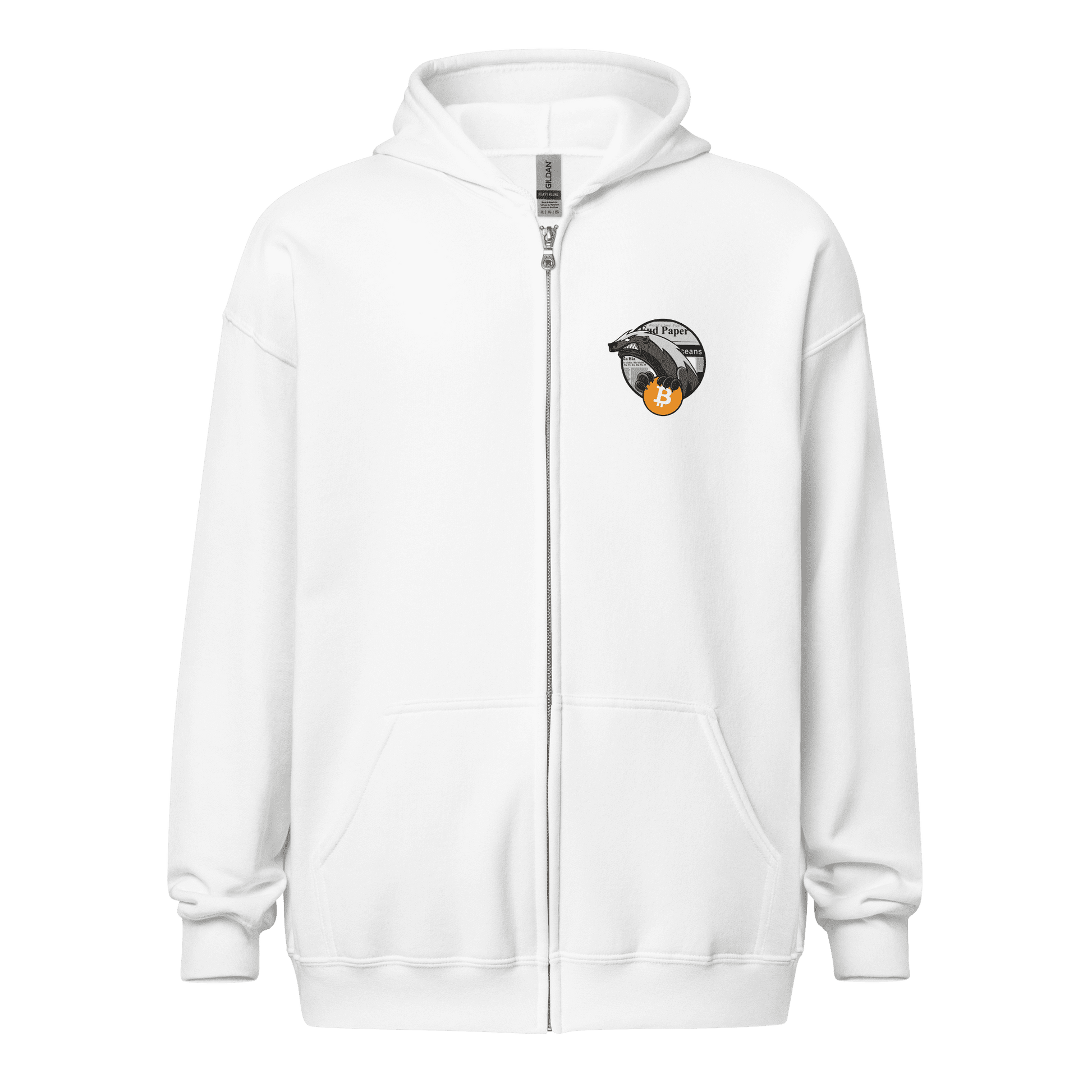 Front view of a white bitcoin zip hoodie.