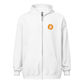 Front view of a white bitcoin zip hoodie.