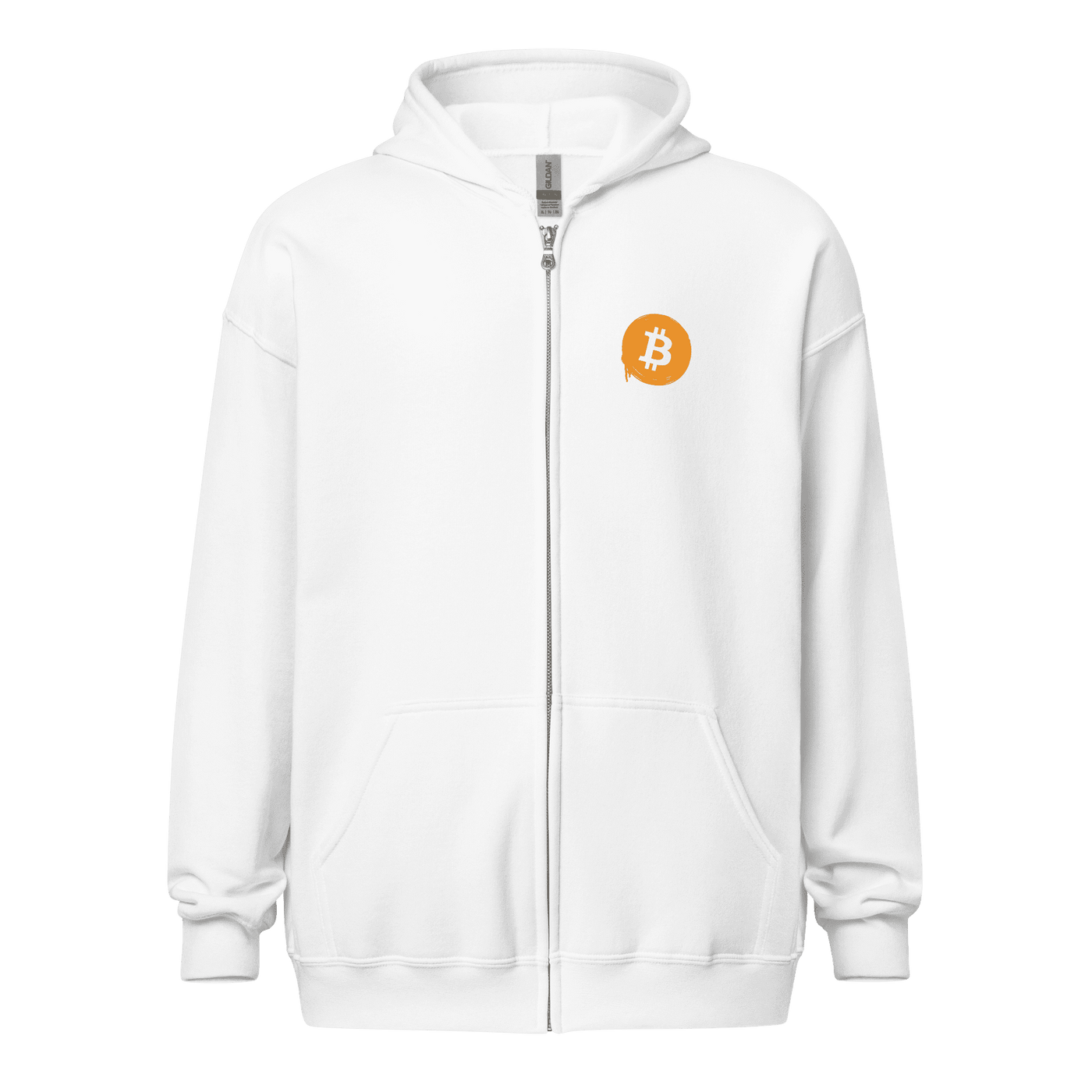 Front view of a white bitcoin zip hoodie.