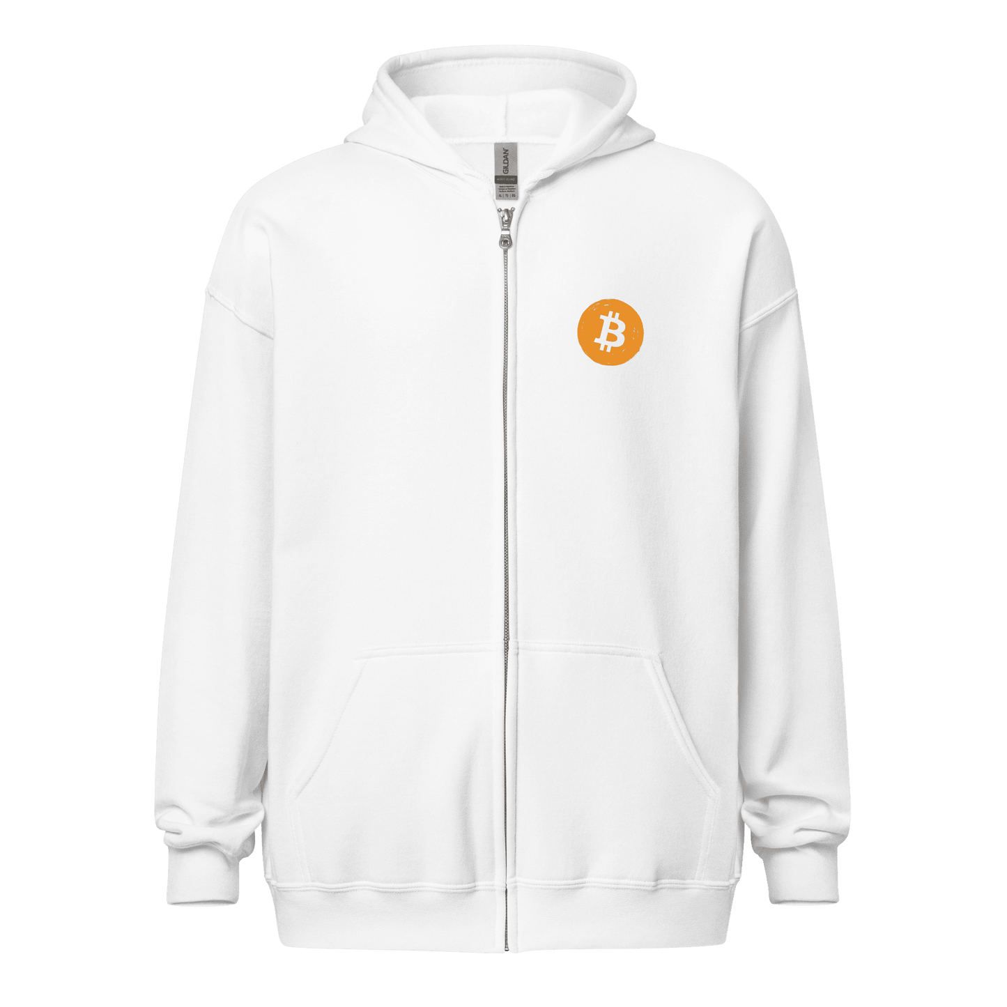 Front view of a white bitcoin zip hoodie.