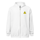 Front view of a white bitcoin zip hoodie.