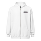 Front view of a white aln zip hoodie.