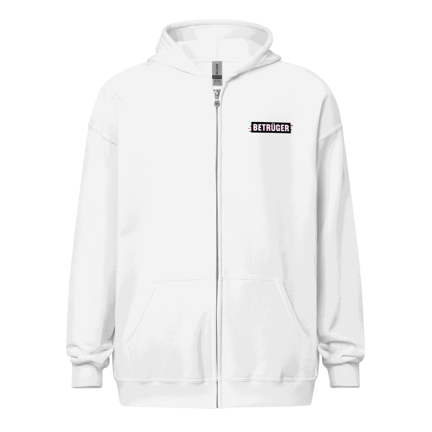 Black zip hoodie with matrix glitch design, labeled Betrüger, soft fleece, front pockets, metal zipper, Anarcho Late Night hoodie