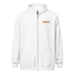 Front view of a white aln zip hoodie.