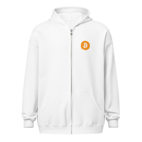 Front view of a white bitcoin zip hoodie.