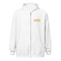 Front view of a white bitcoin zip hoodie.