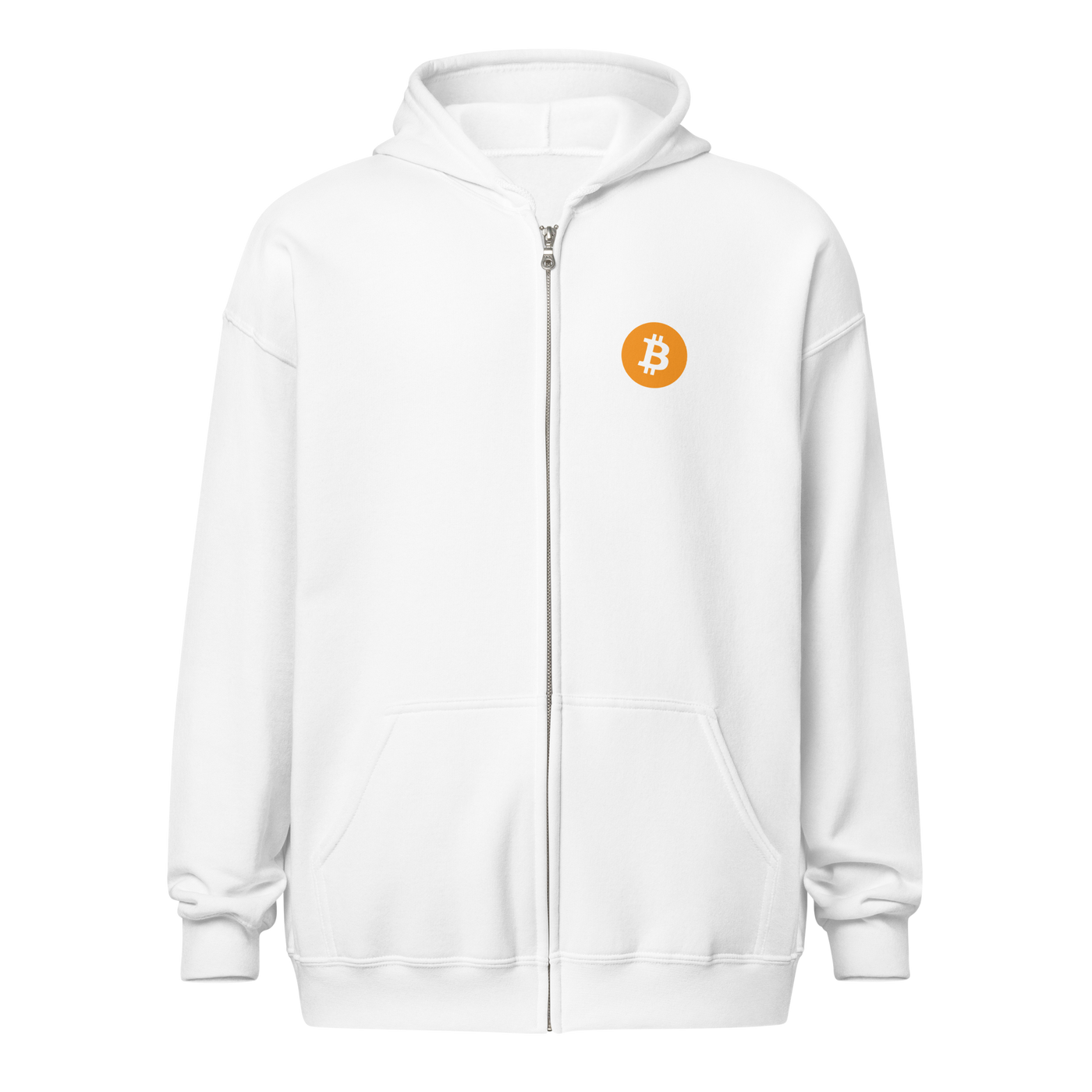 Front view of a white bitcoin zip hoodie.