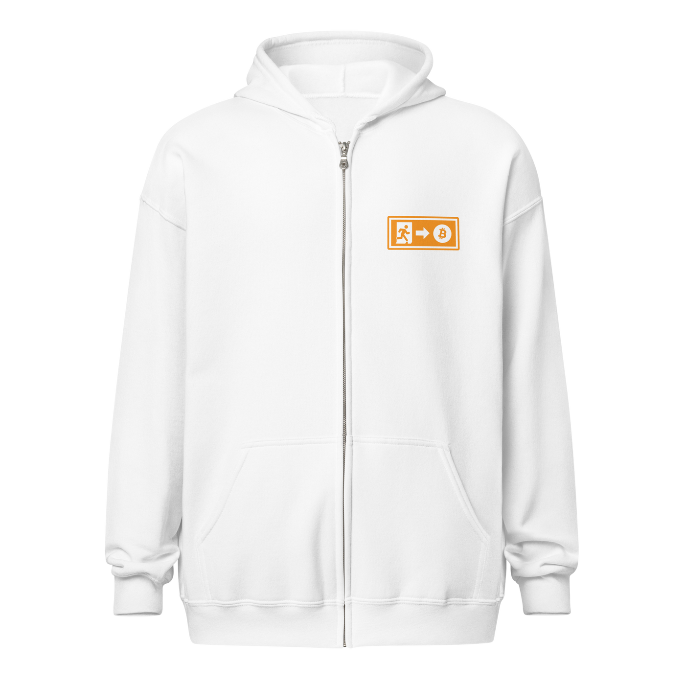 Emergency Exit Bitcoin zip hoodie with heavy blend fabric promoting fairer future
