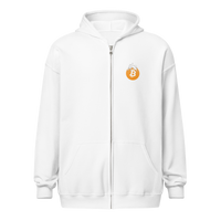 Front view of a white bitcoin zip hoodie.
