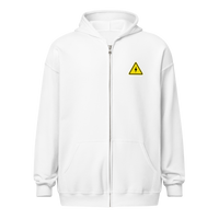 Danger! Fast Transactions heavy blend lightning zip hoodie in White, front view.
