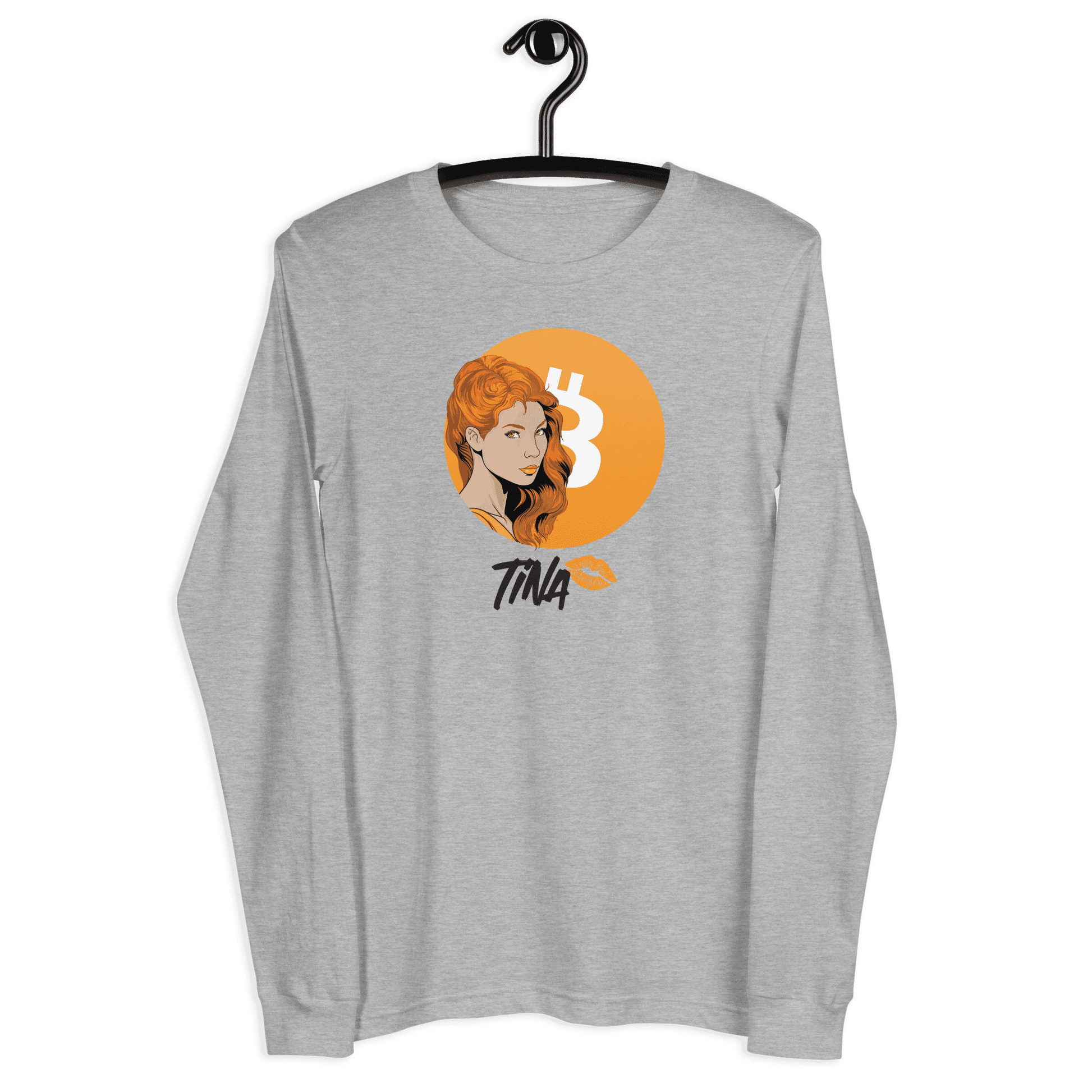 Front view of a athletic heather colored bitcoin long sleeve tee.