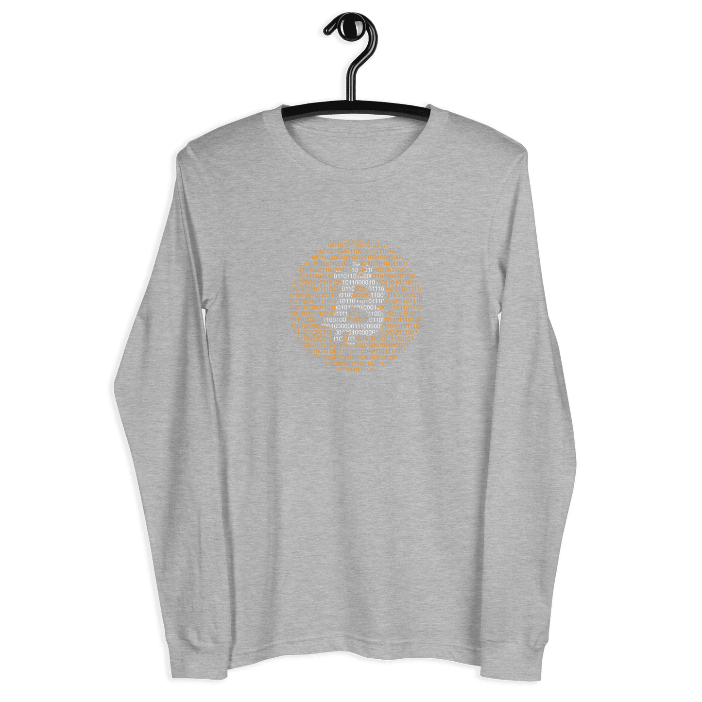 Front view of a athlethic heather colored bitcoin long sleeve tee.