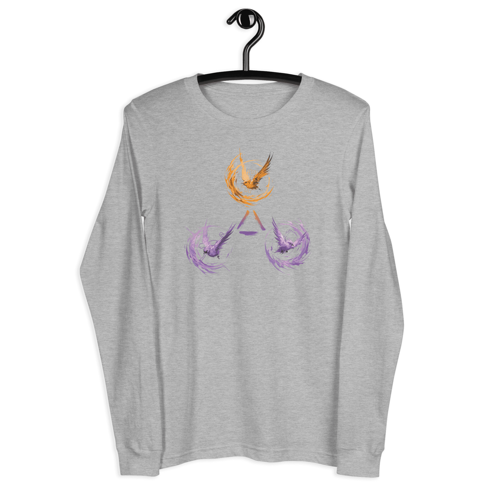 Front view of a athletic heather grey bitcoin long sleeve tee.