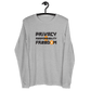 Front view of a athletic heather colored bitcoin long sleeve tee.