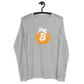 Front view of a athletic heather colored bitcoin long sleeve tee.