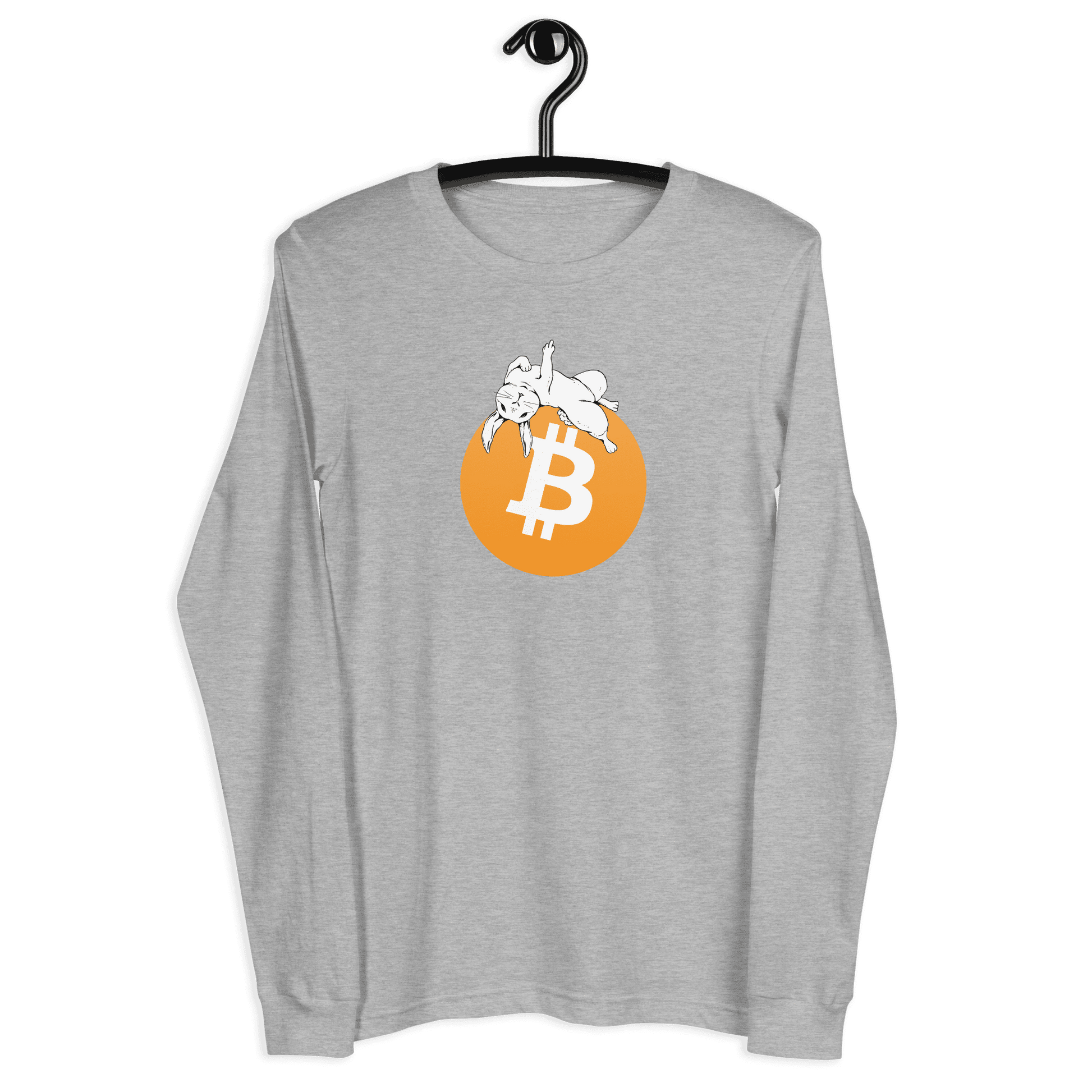 Front view of a athletic heather colored bitcoin long sleeve tee.