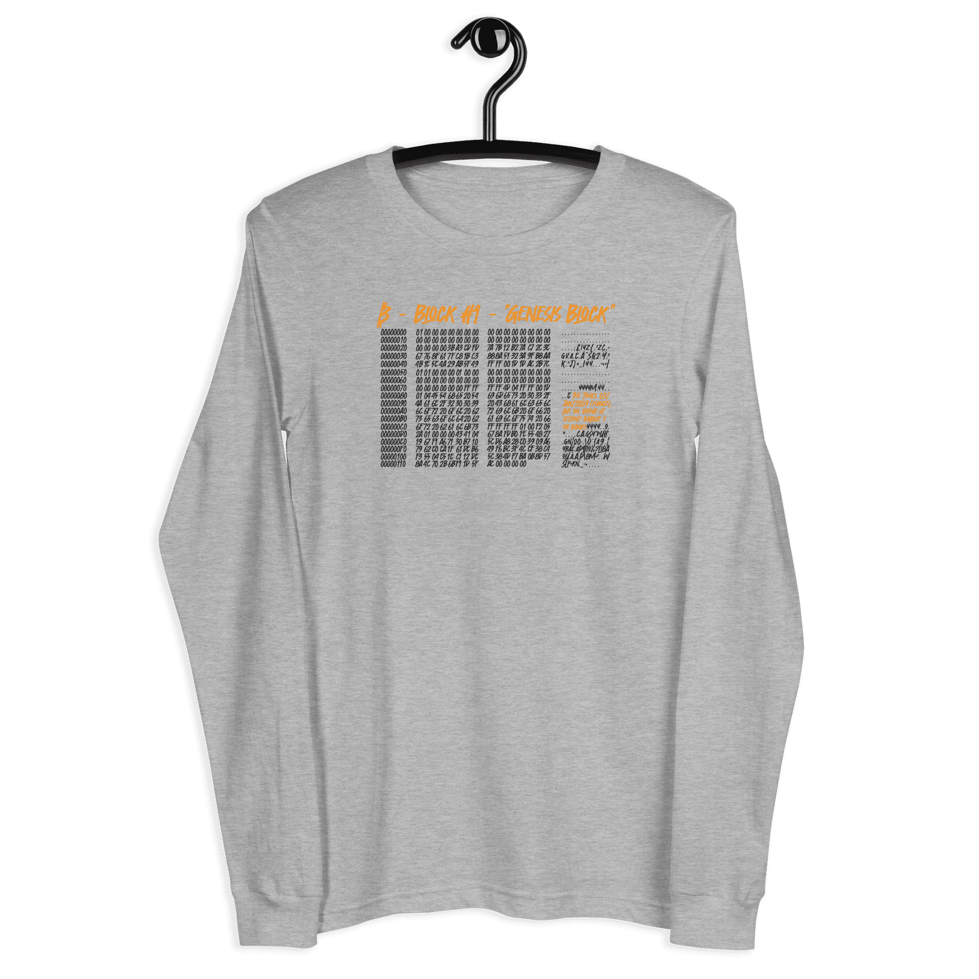 Front view of a athlethic heather colored bitcoin long sleeve tee.