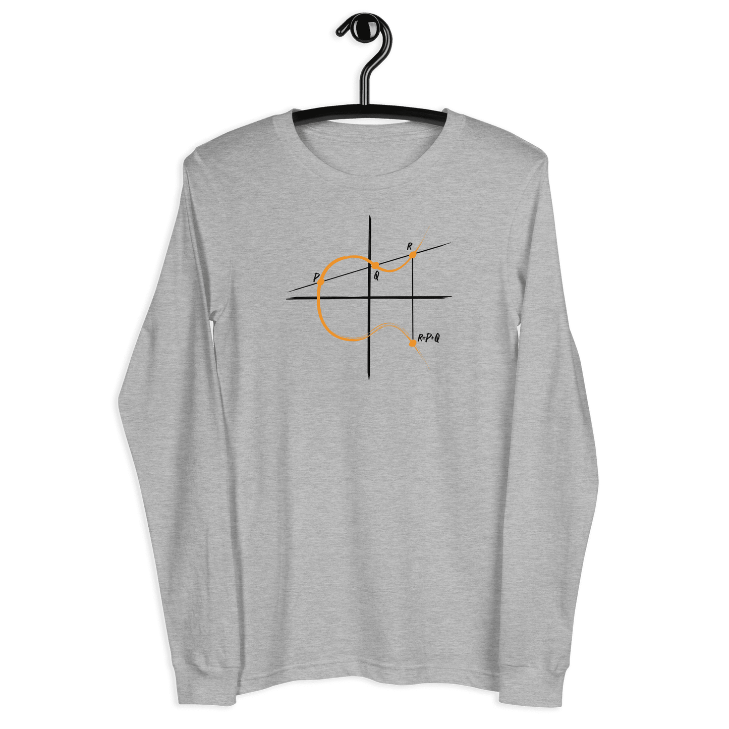 Front view of a athlethic heather colored bitcoin long sleeve tee.