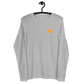 Front view of a athlethic heather colored bitcoin long sleeve tee.